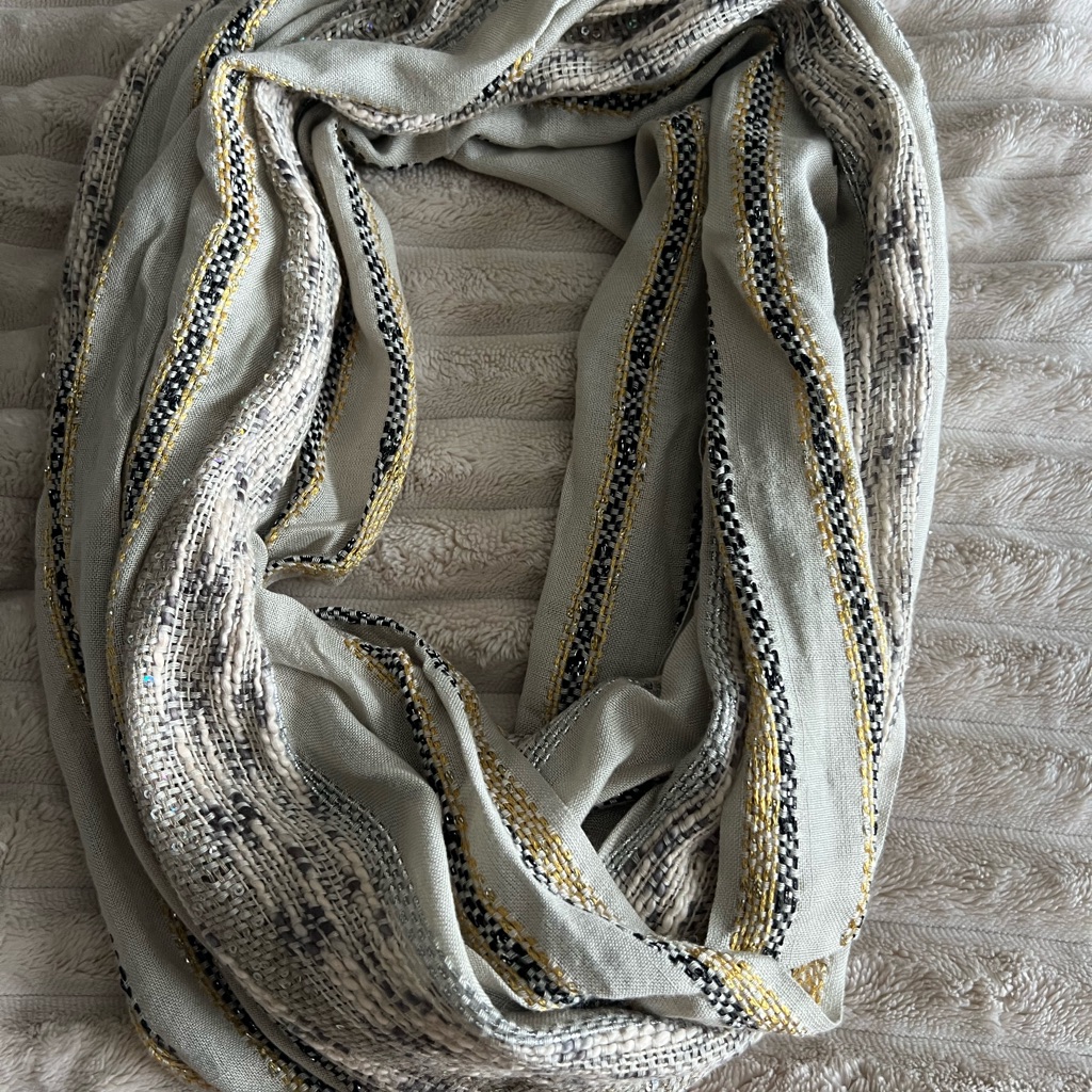 Echo Gray And Gold Infinity Scarf With Metallic Sheen